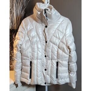 Guess Pearl White Puffer Jacket Thumb Hole Quilted Women Size L Authentic